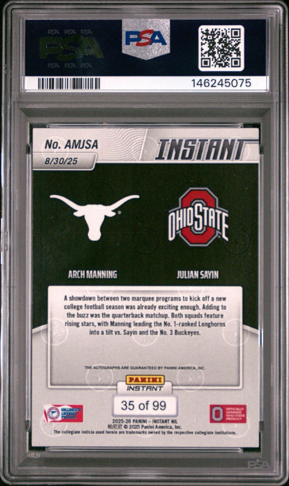 2025 Panini NIL Arch Manning & Julian Sayin Dual Auto /99 - PSA 10 Gem
