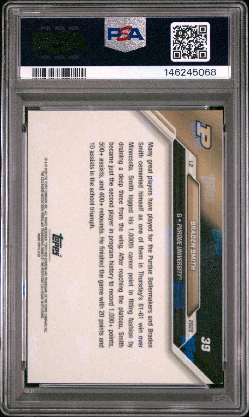 Braden Smith 2024 Bowman U Now #39 BLUE PARALLEL #d /49 Purdue PSA 10 Gem