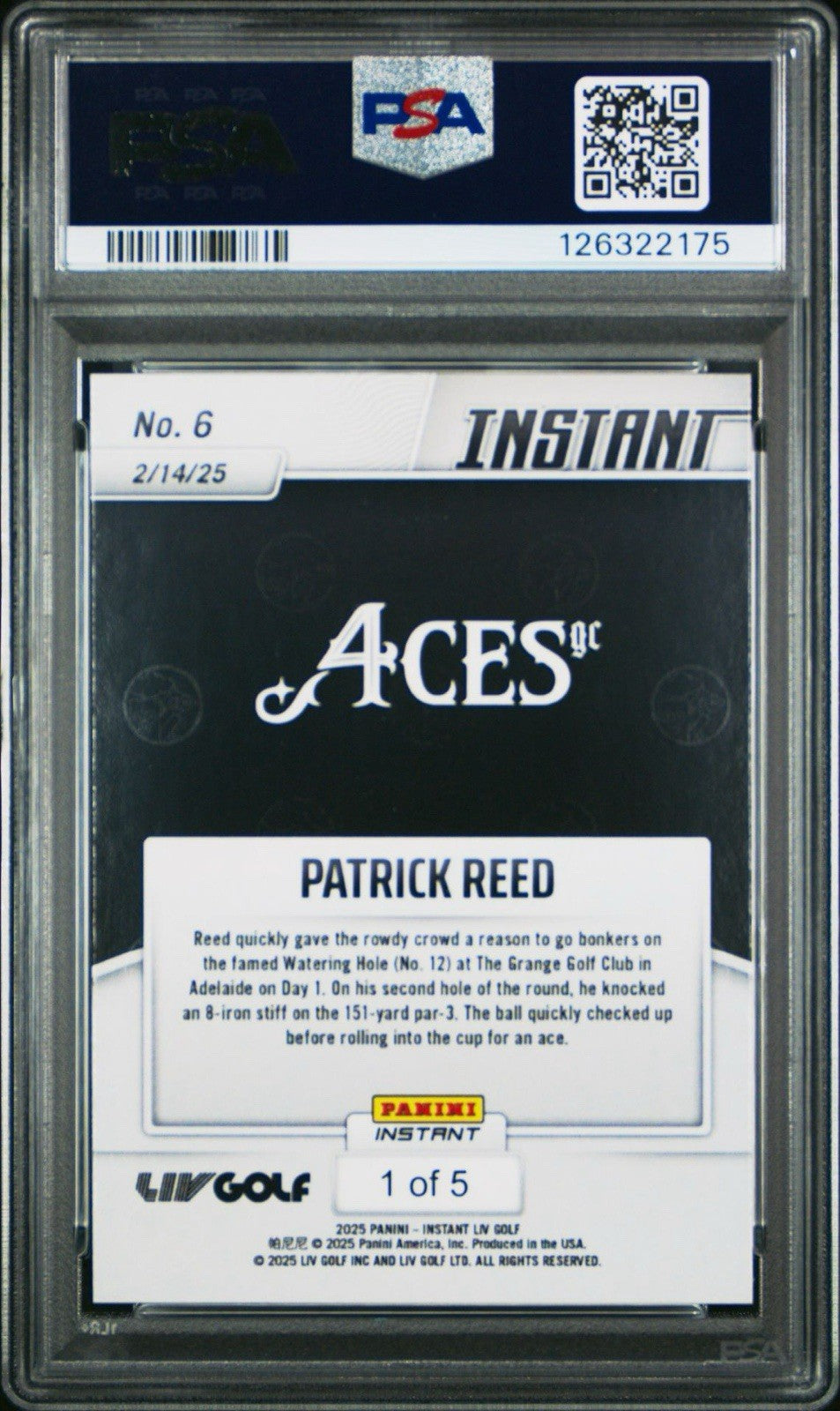 2025 PANINI INSTANT LIV GOLF #6 - Patrick Reed Lightning #d /5 - PSA 10 Gem