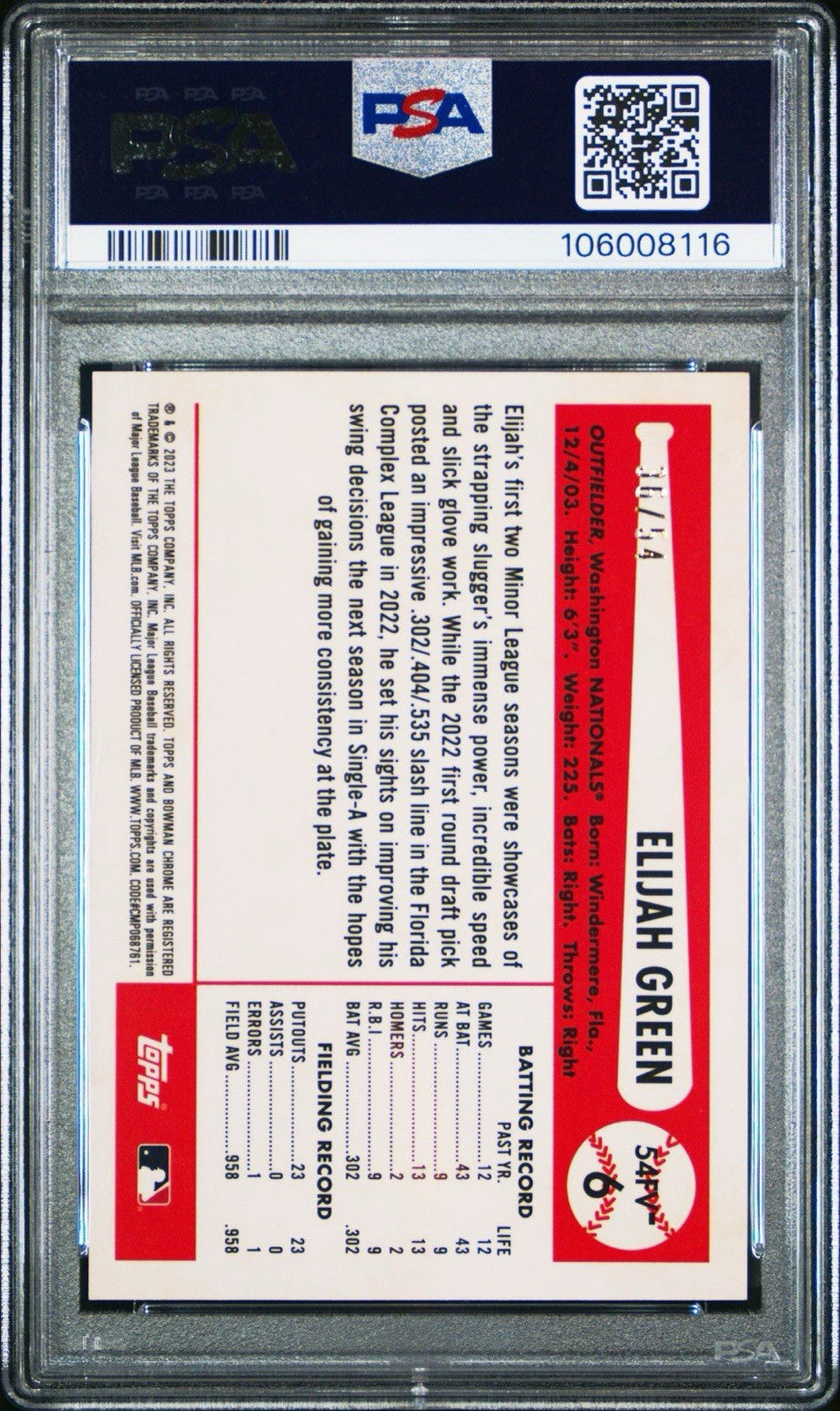 2023 Bowman Chrome Draft Elijah Green 1954 Flag Variation RC Prospect #/54 PSA 9