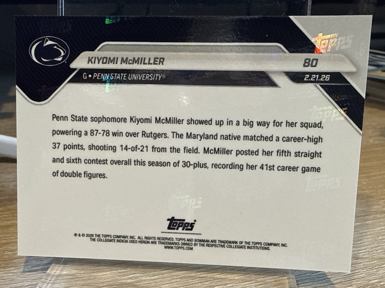 Kiyomi McMiller 2025-26 Bowman U Now #80 Black Foil #d /10 - 5 Straight 30+ Pts