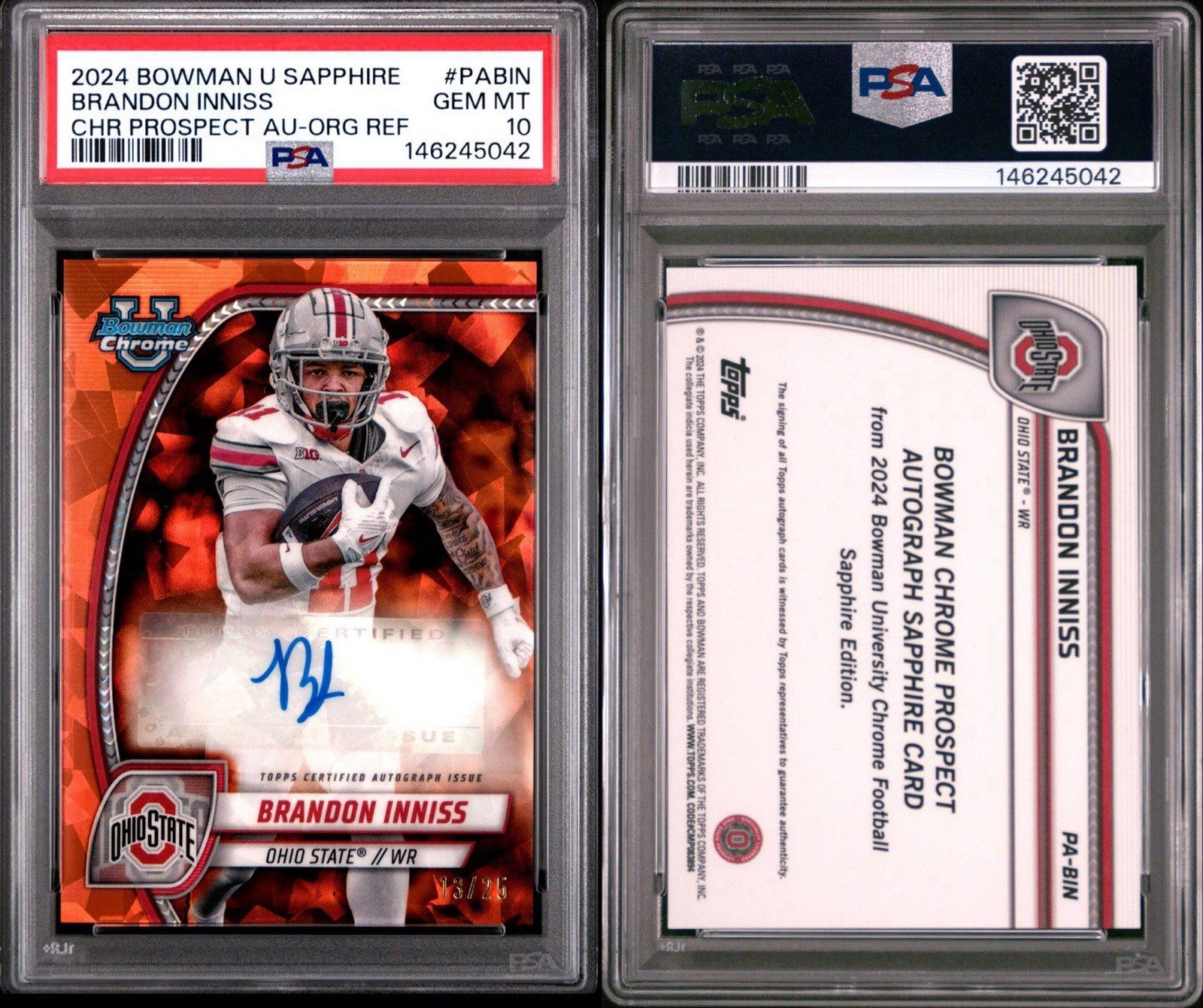 2024 Bowman Chrome U Orange Sapphire #PA-BIN Brandon Inniss AUTO /25 PSA 10 Gem
