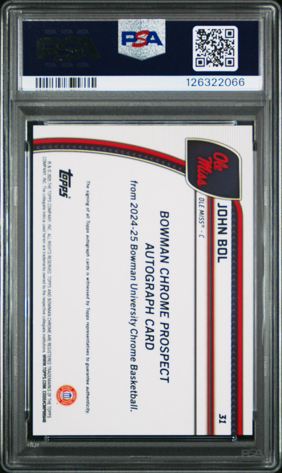 2024 BOWMAN CHROME U JOHN BOL /45 RED WAVE Auto PSA 10 Gem