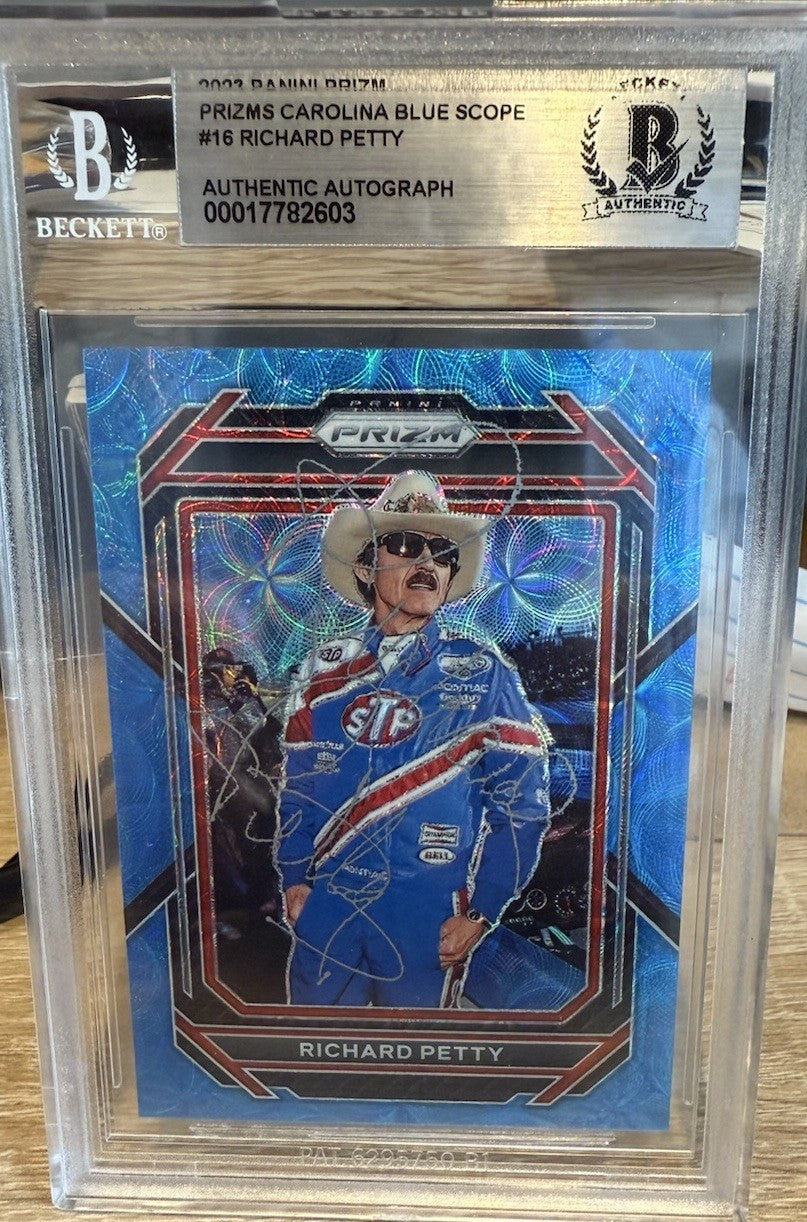 Signed Richard Petty 2023 Panini Carolina Blue Scope /99 - BAS Beckett Slab