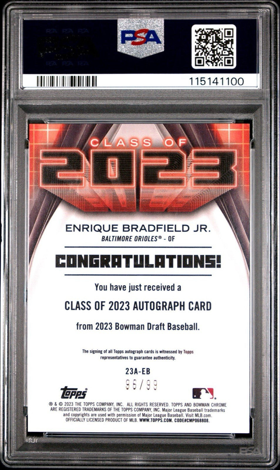 2023 Bowman Draft Enrique Bradfield Jr. Class of 23 Green Refractor Auto PSA 9