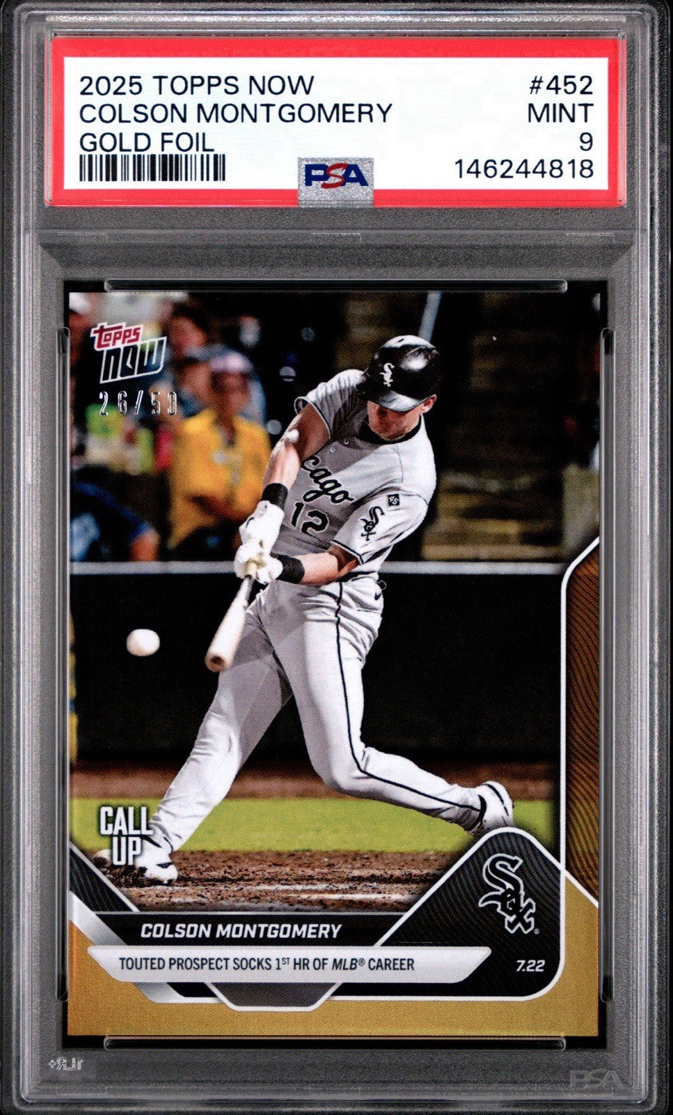 2025 Topps Now Call-Up Gold Foil #d /50 Colson Montgomery #452 PSA 9 Mint