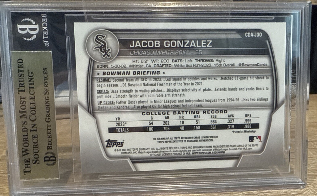 2023 BOWMAN DRAFT JACOB GONZALEZ CHROME PROSPECT AUTO BGS 9.5 WHITE SOX #CDAJGO