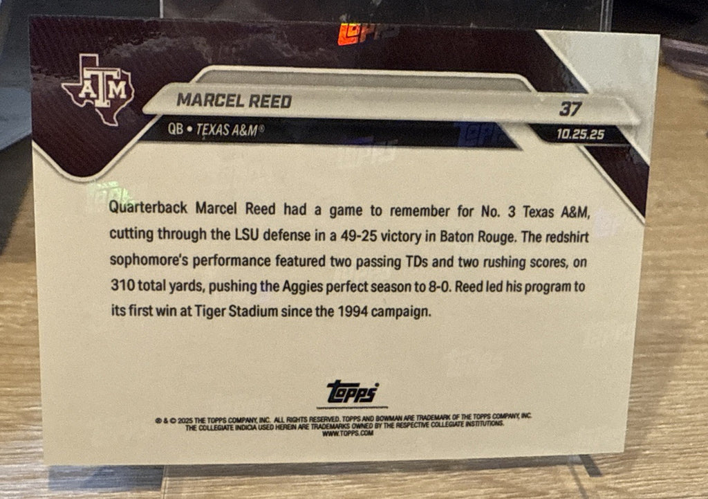 Marcel Reed 2025 Bowman U NOW #37 Orange Foil /25 Texas A&M Aggies Win at LSU