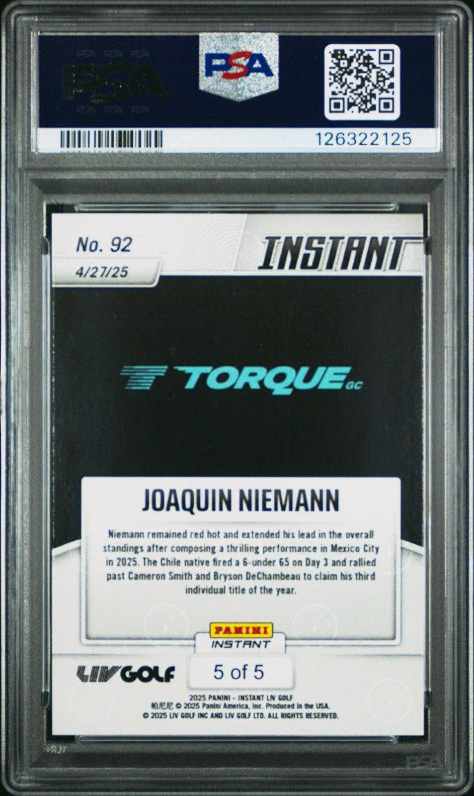 2025 PANINI INSTANT #92 LIV - Joaquin Niemann LIGHTNING SSP #d /5 - PSA 8