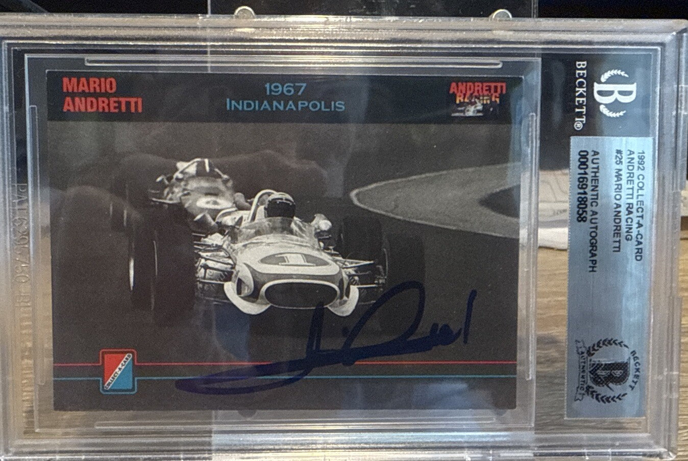 MARIO ANDRETTI Signed 1992 Collect A Card #25 Beckett BAS encased Indy Racing
