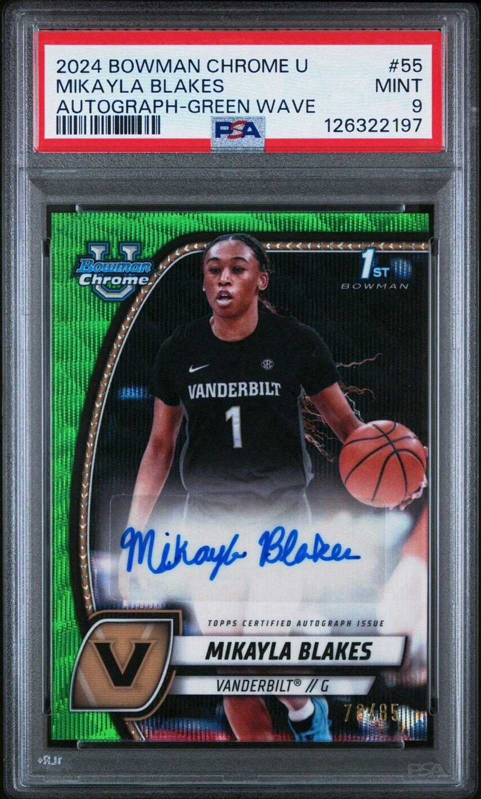 Mikayla Blakes 2024 Bowman U Chrome 1st Green Wave Auto /85 Rookie PSA 9