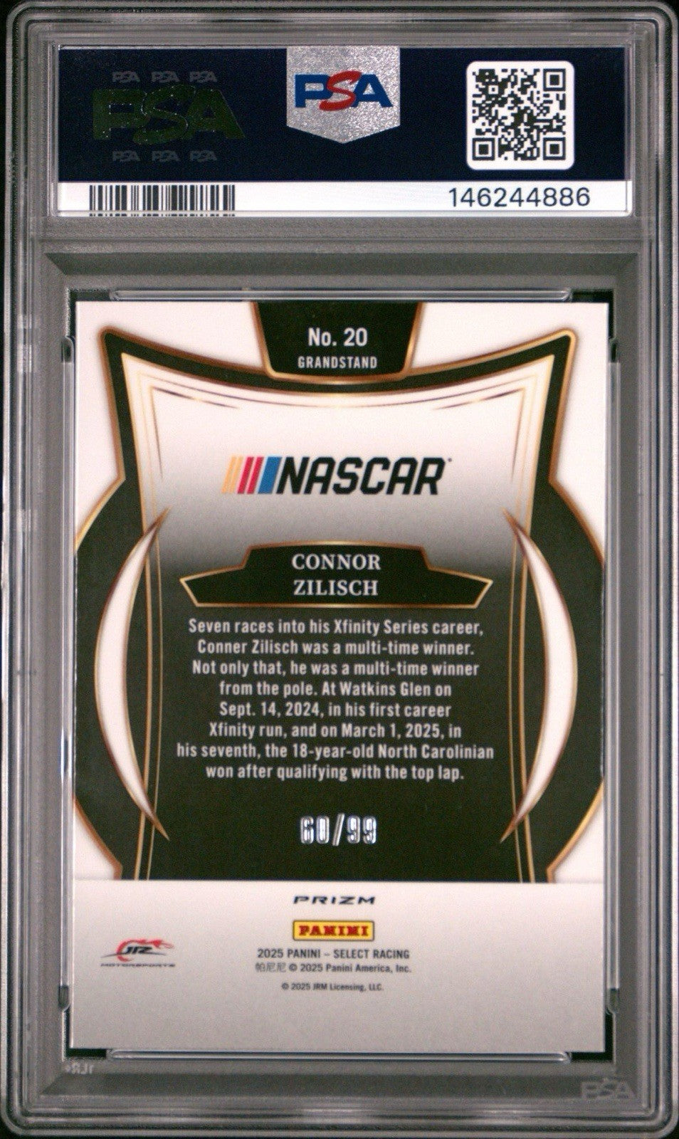 2025 Panini Select Grandstand White Prizm #d /99 Connor Zilisch #20 PSA 10 Gem