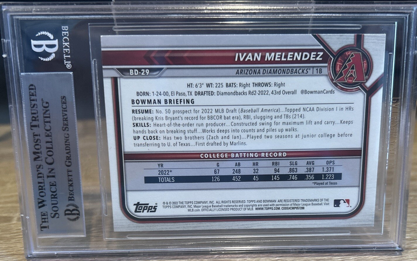 Signed Ivan Melendez 2022 Bowman Draft 1st Prospect #BD-29 Beckett BAS Slab Auto