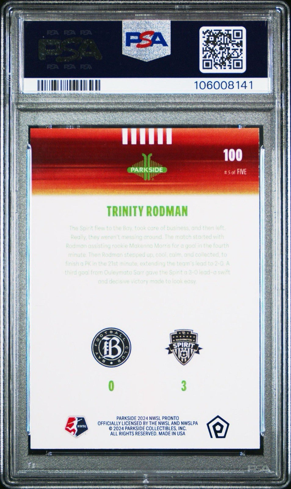 2024 Parkside NWSL Pronto Red /5 Trinity Rodman #100 PSA 9 Mint