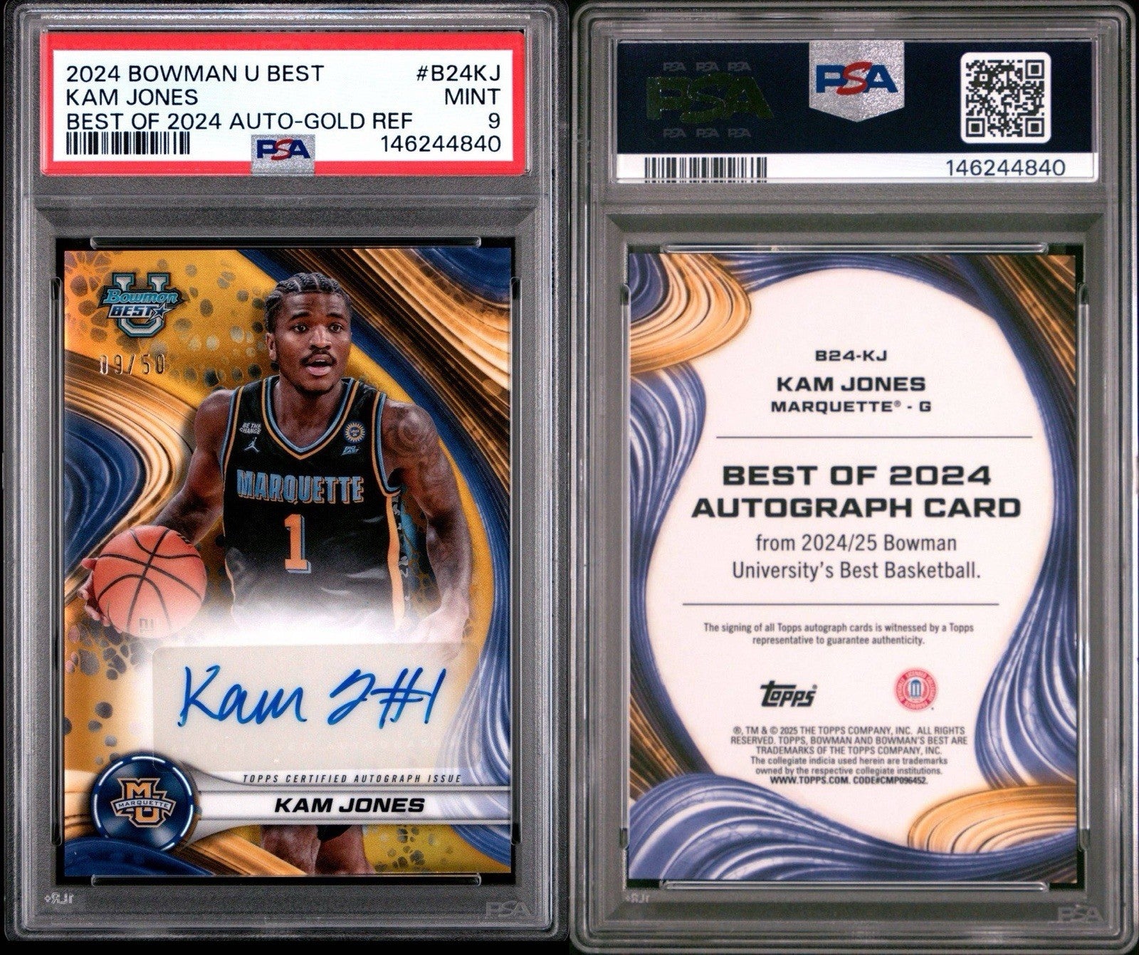 2024-25 Bowman Best U KAM JONES #B24-KJ Gold /50 AUTO Marquette PSA 9 Mint