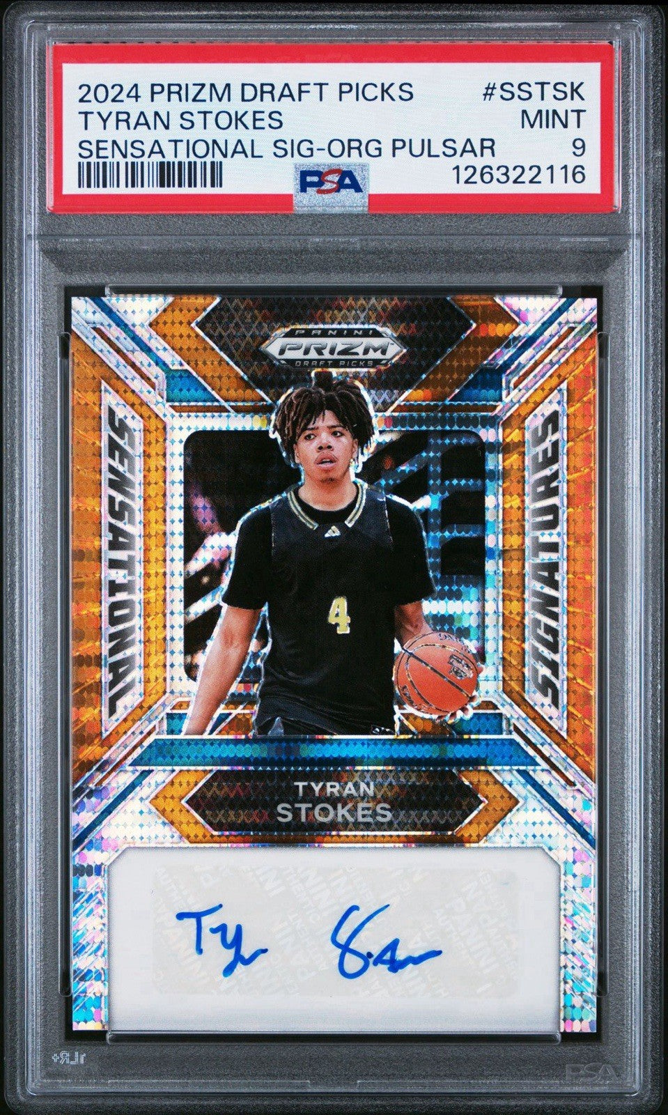 2024 PANINI PRIZM DRAFT PICKS TYRAN STOKES Orange Pulsar Auto  #d /49 - PSA 9