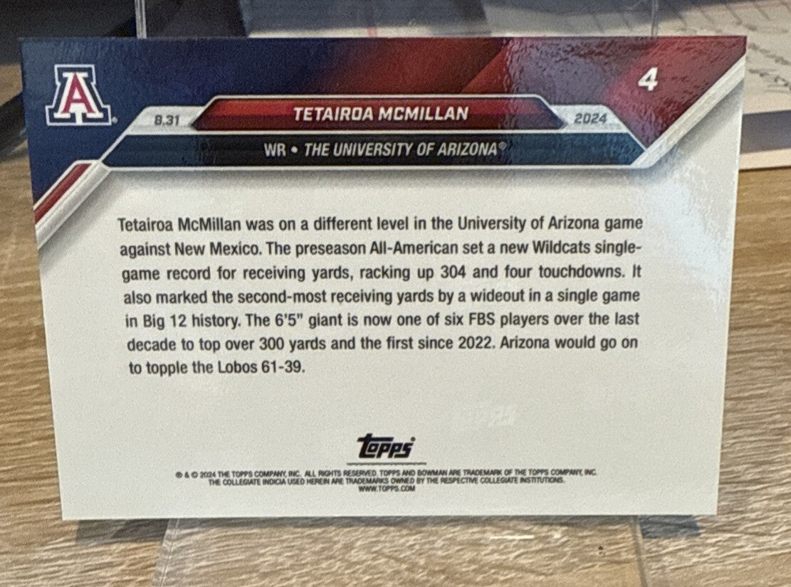 Tetairoa McMillan Univ Arizona Record 2024 Bowman U Now Blue Parallel #d /49