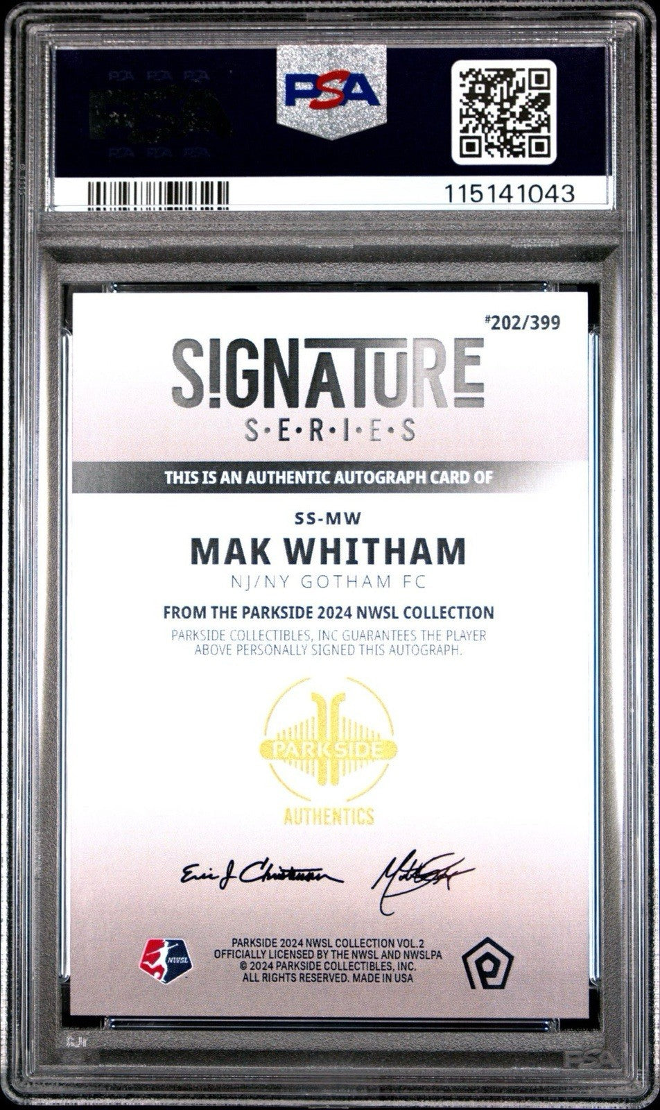Mak Whitham 2024 Parkside NWSL Vol 2 Signature Series /399 Auto RC PSA 9