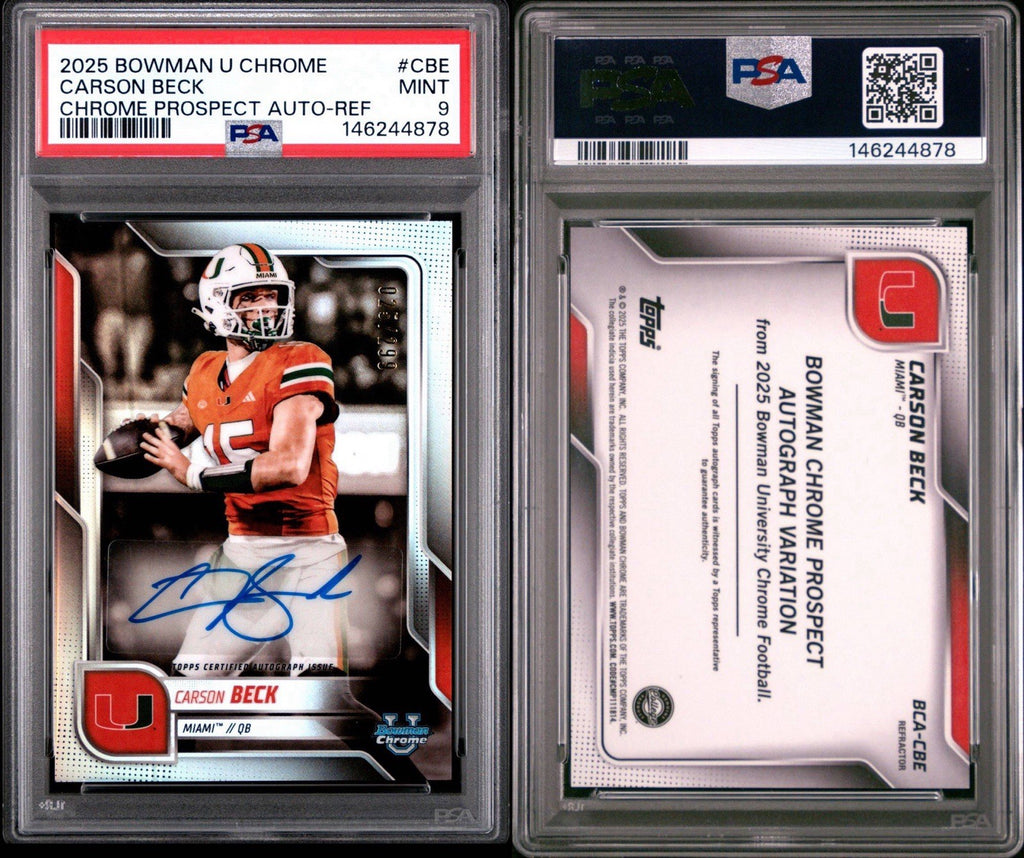 Carson Beck 2025 Bowman U Chrome Auto Refractor /299 #CBE PSA 9 Miami Canes