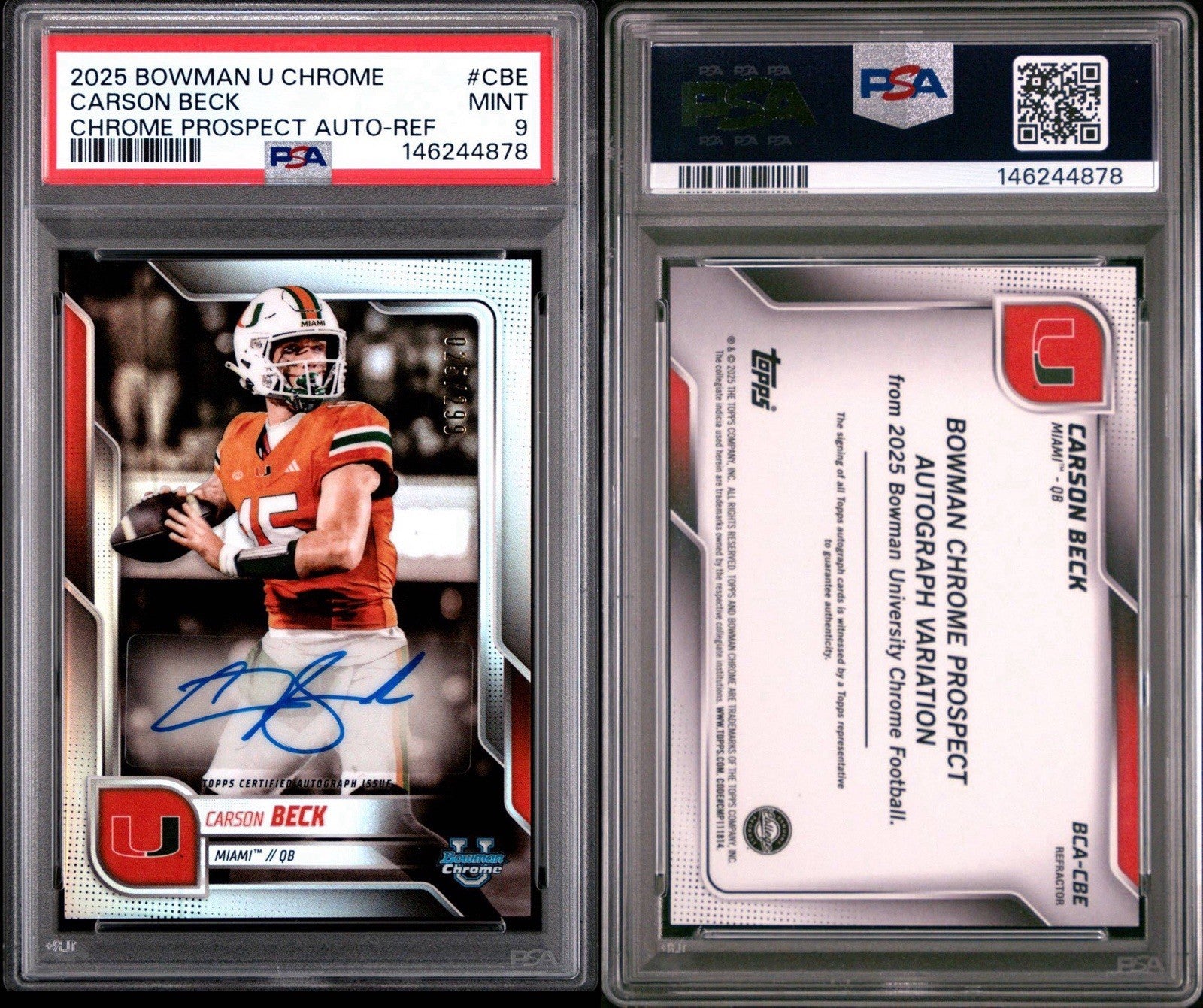 Carson Beck 2025 Bowman U Chrome Auto Refractor /299 #CBE PSA 9 Miami Canes