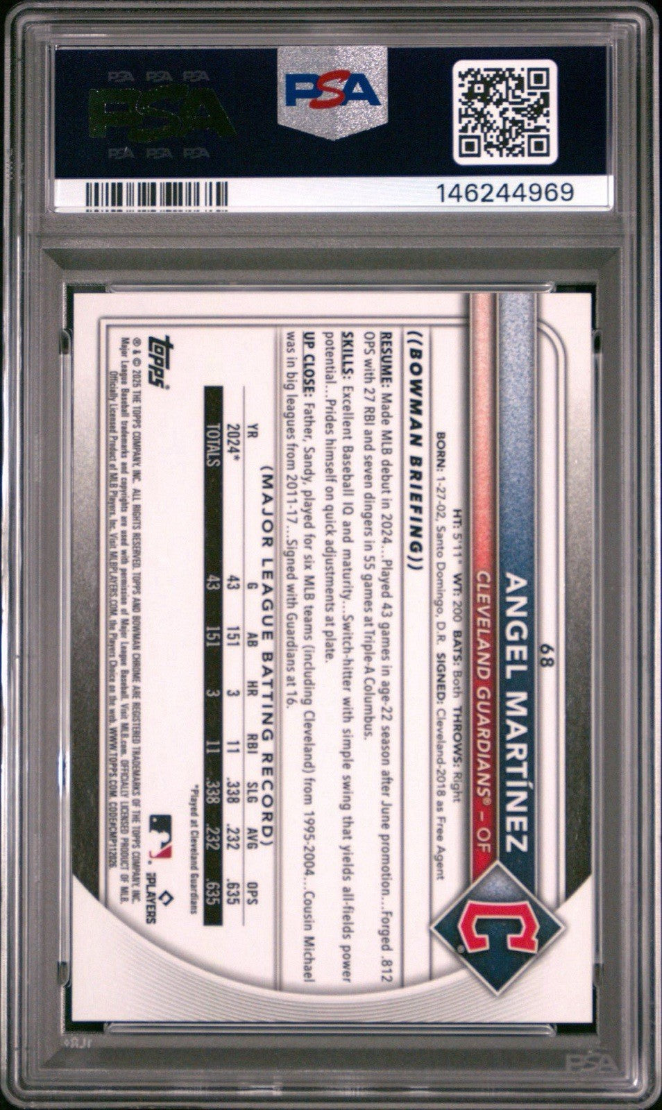 2025 Bowman Chrome Black Refractor 3/10 Angel Martinez PSA 9 Mint
