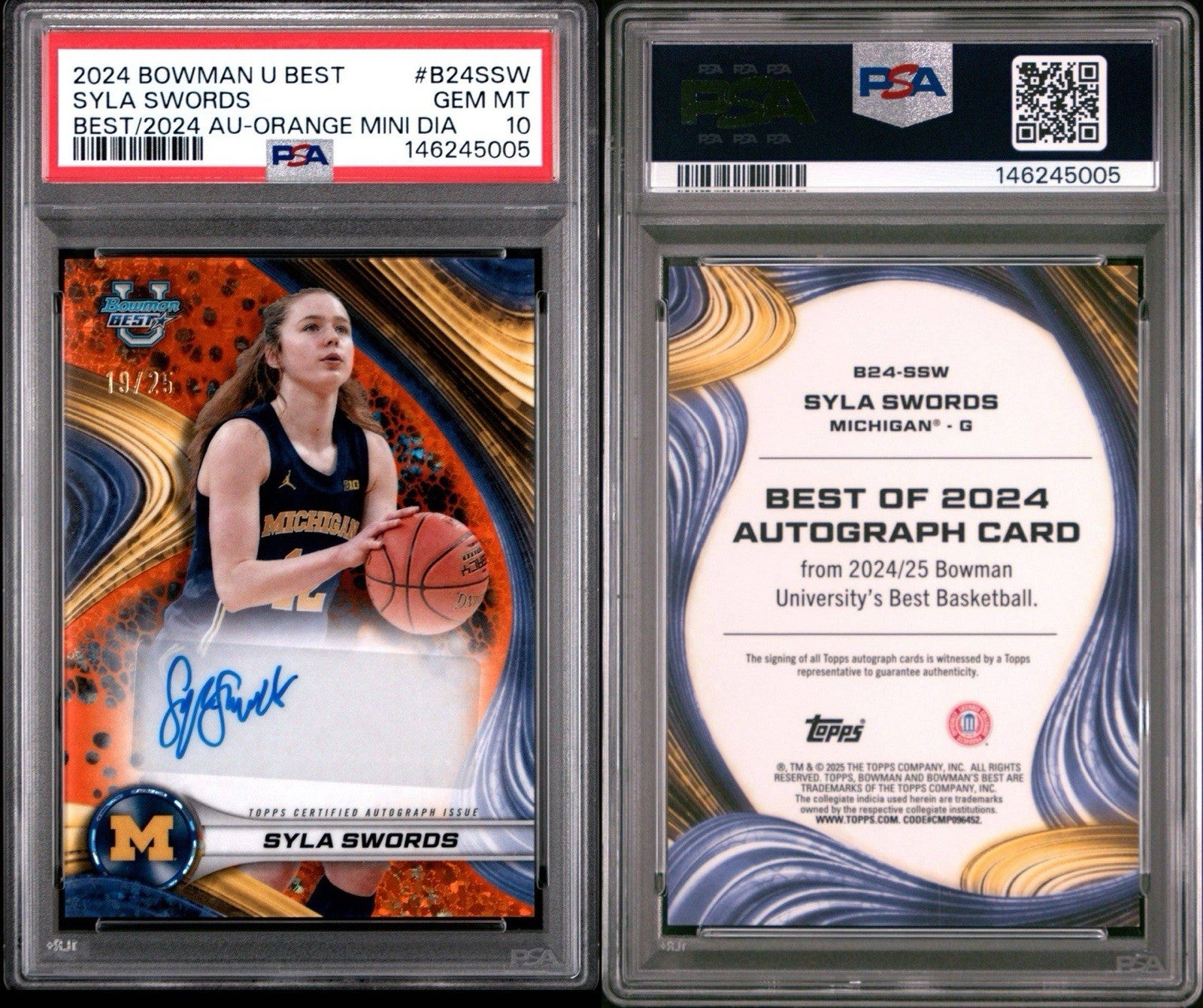 2024-25 Bowman U - Best of 2024 Auto Syla Swords Orange Mini Dia Auto /25 PSA 10