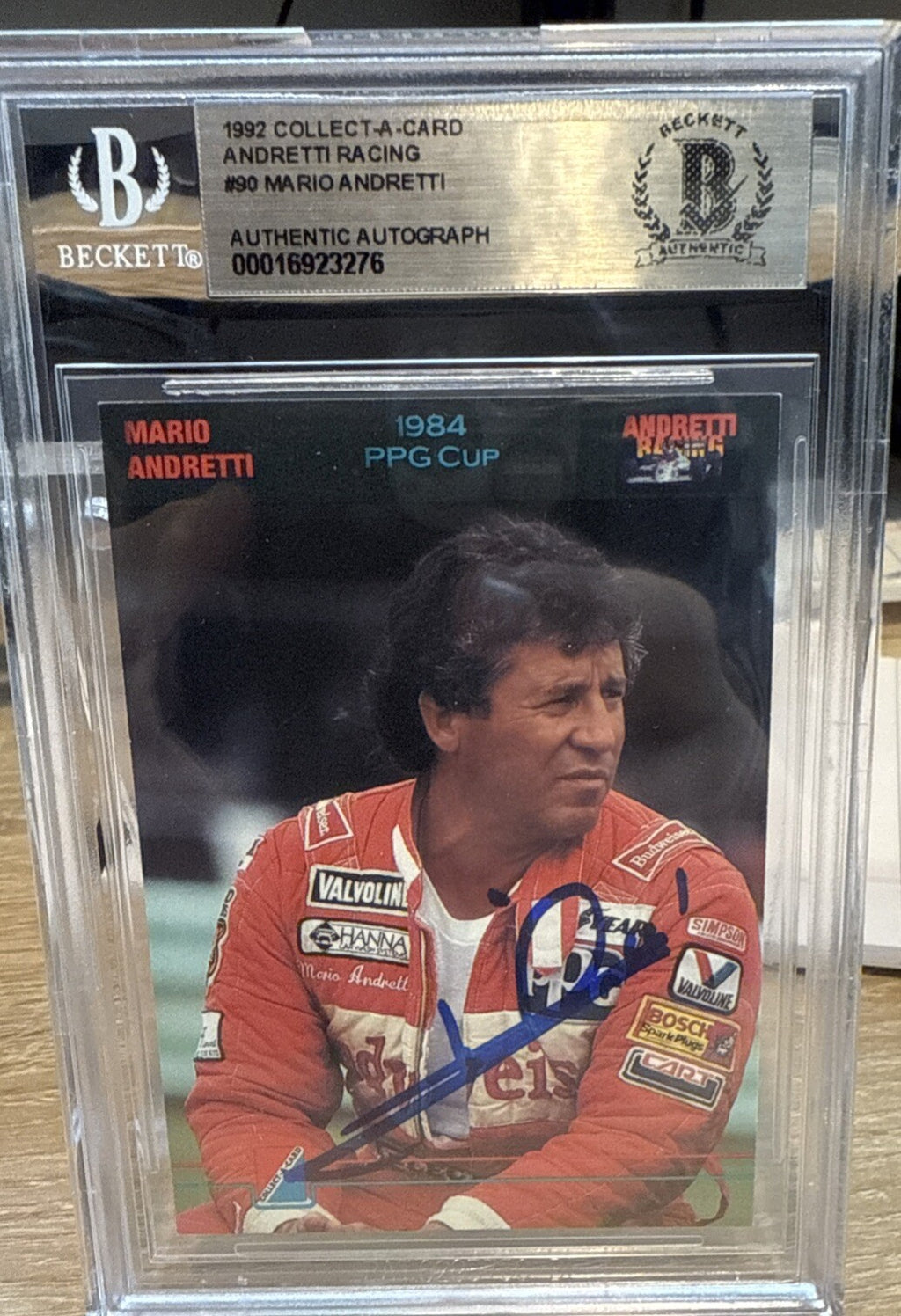 MARIO ANDRETTI Signed 1992 Collect A Card #90 Beckett BAS encased Indy Racing
