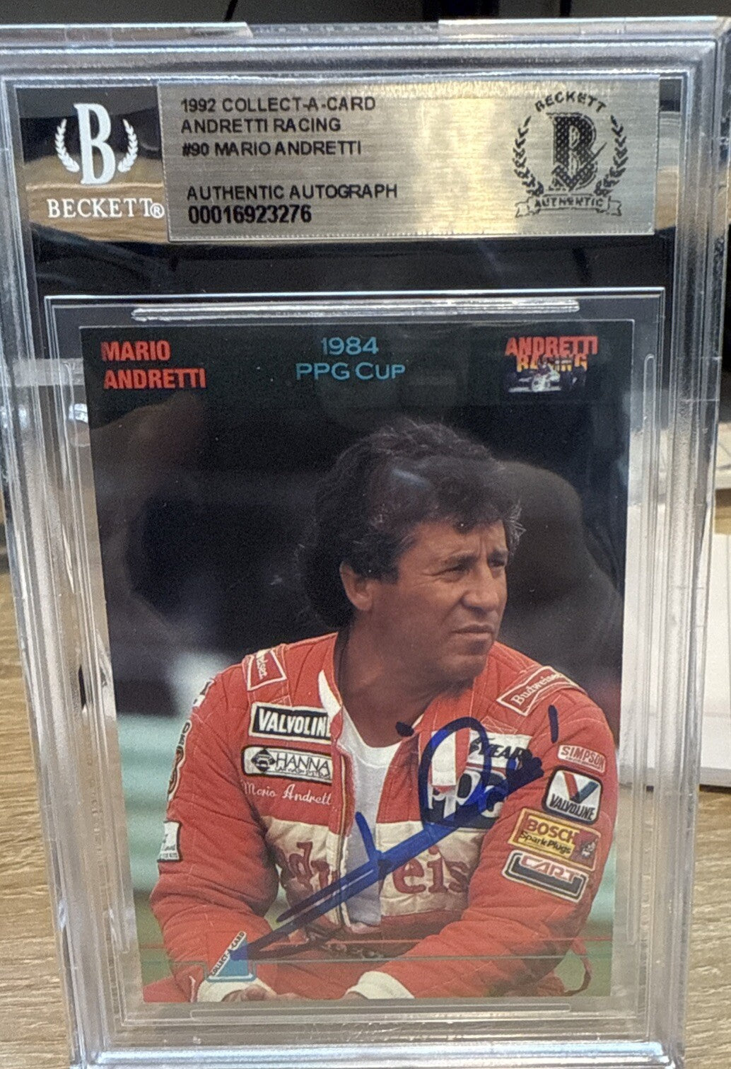 MARIO ANDRETTI Signed 1992 Collect A Card #90 Beckett BAS encased Indy Racing