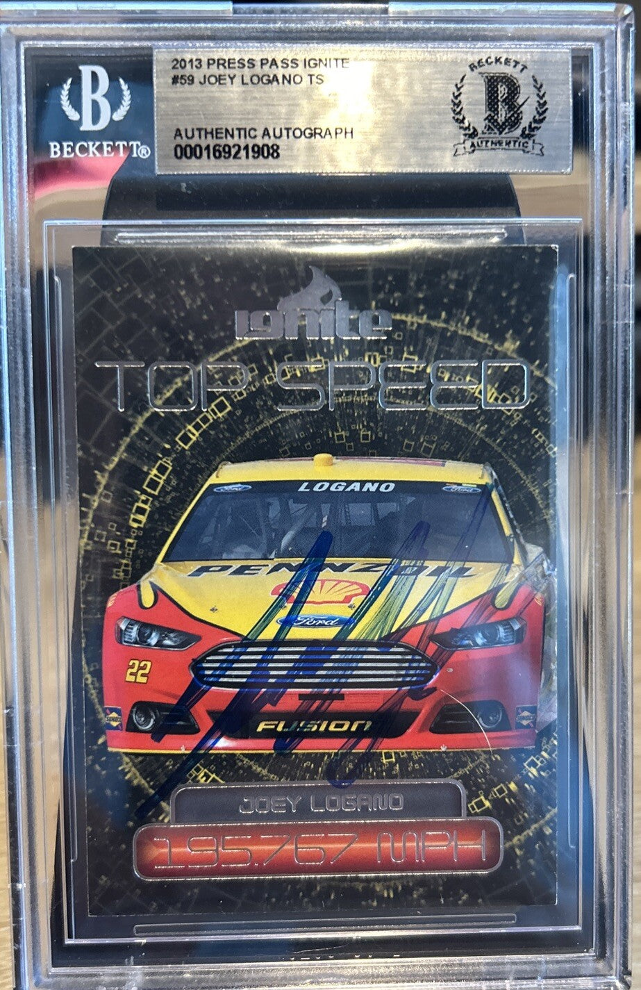 Signed Joey Logano 2013 Press Pass Ignite #59 Beckett BAS Slab