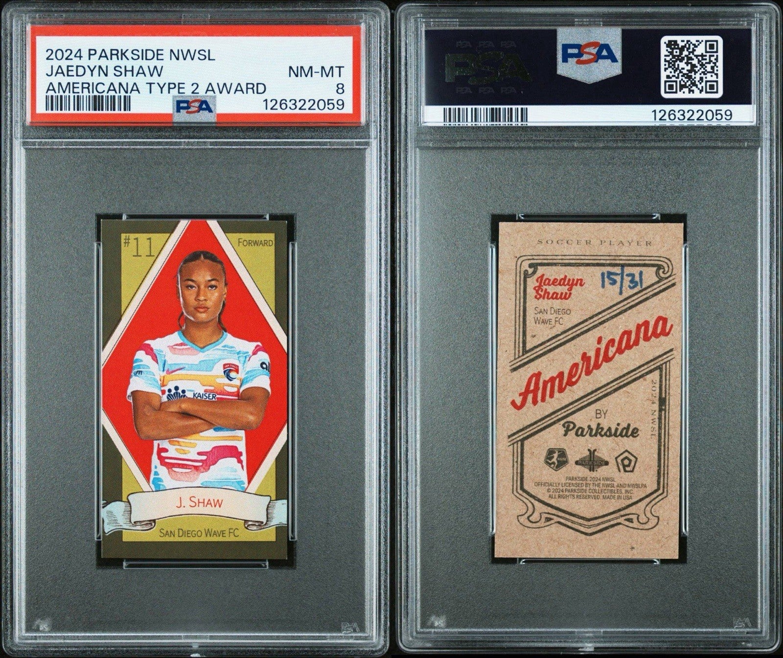 2024 Parkside NWSL Americana Type II Award #d  /31 Jaedyn Shaw PSA 8
