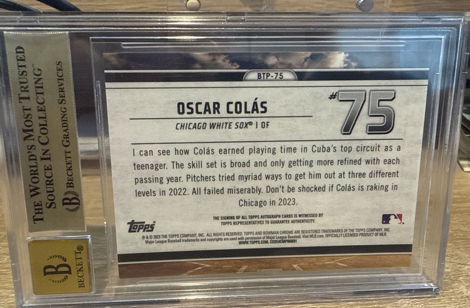 BGS 9.5 - 2023 Bowman Chrome Oscar Colas Bowman Scouts Top 100 Gold Ref AUTO /50