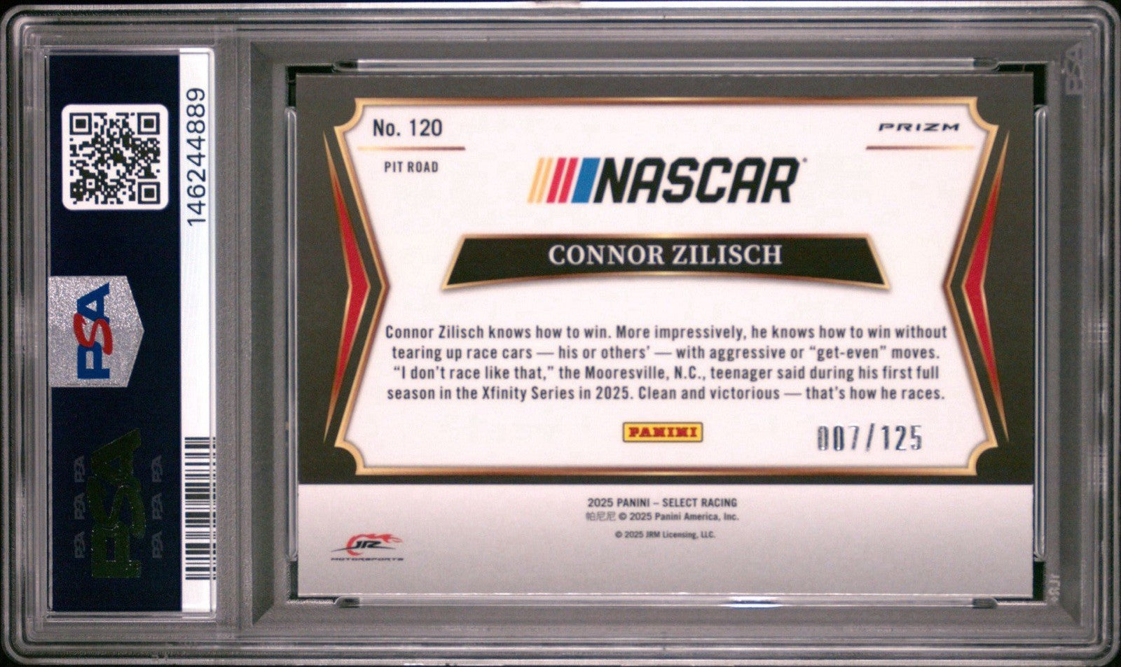 2025 Panini Select Pit Road Maroon Prizm #d /125 Connor Zilisch #120 PSA 10 Gem