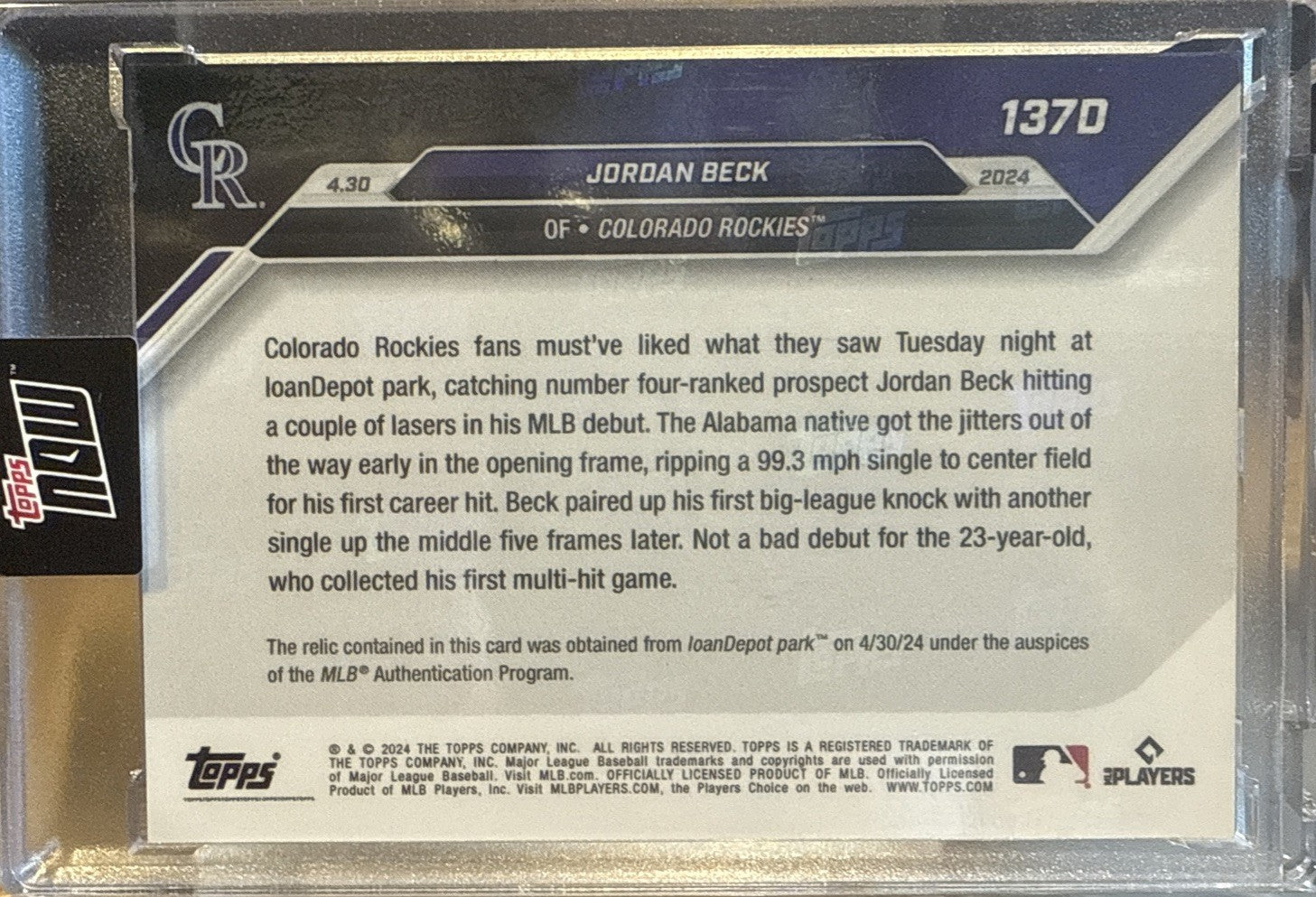 JORDAN BECK - 2024 Topps Now #137D Game-used Base Relic Red Parallel 01/10
