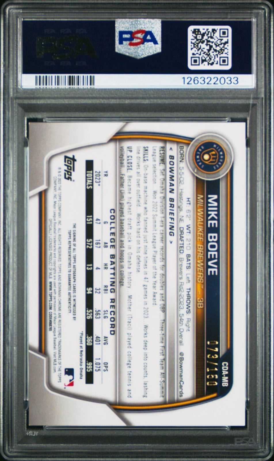 2023 Bowman Draft #CDAMB Mike Boeve 1st Prospect Auto HTA Choice /150 PSA 10 Gem