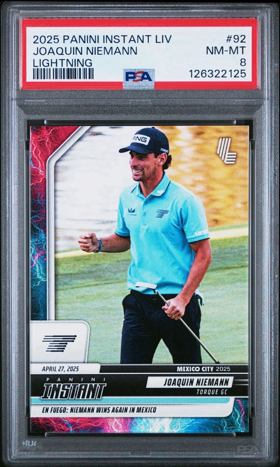 2025 PANINI INSTANT #92 LIV - Joaquin Niemann LIGHTNING SSP #d /5 - PSA 8