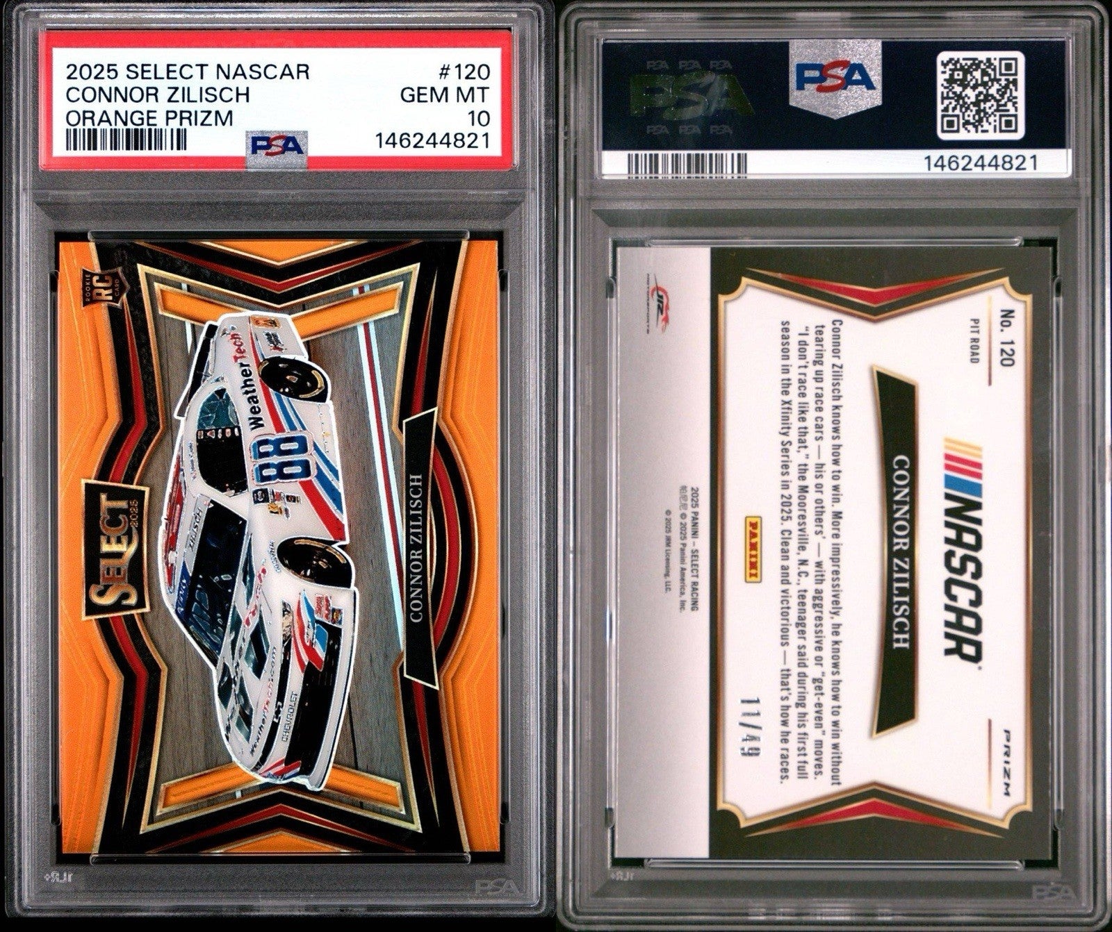 2025 Panini Select Pit Road Orange Prizm #d /49 Connor Zilisch #120 PSA 10 Gem
