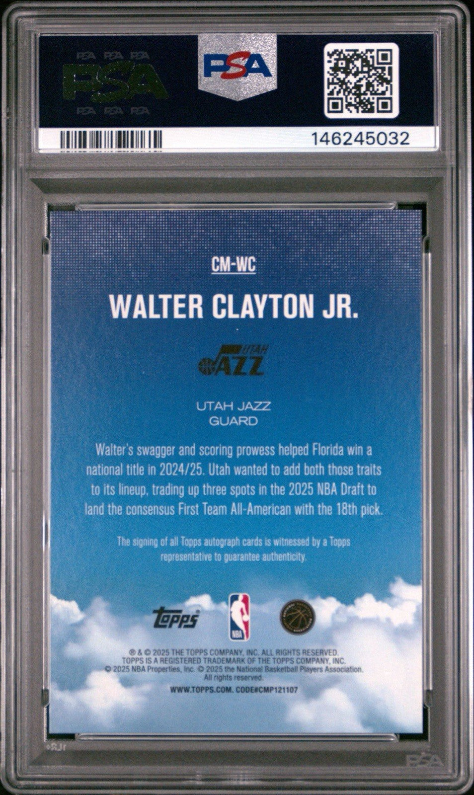 2025-26 Topps  Walter Clayton Jr. Contemporary Marks RC Auto PSA 10 Gem