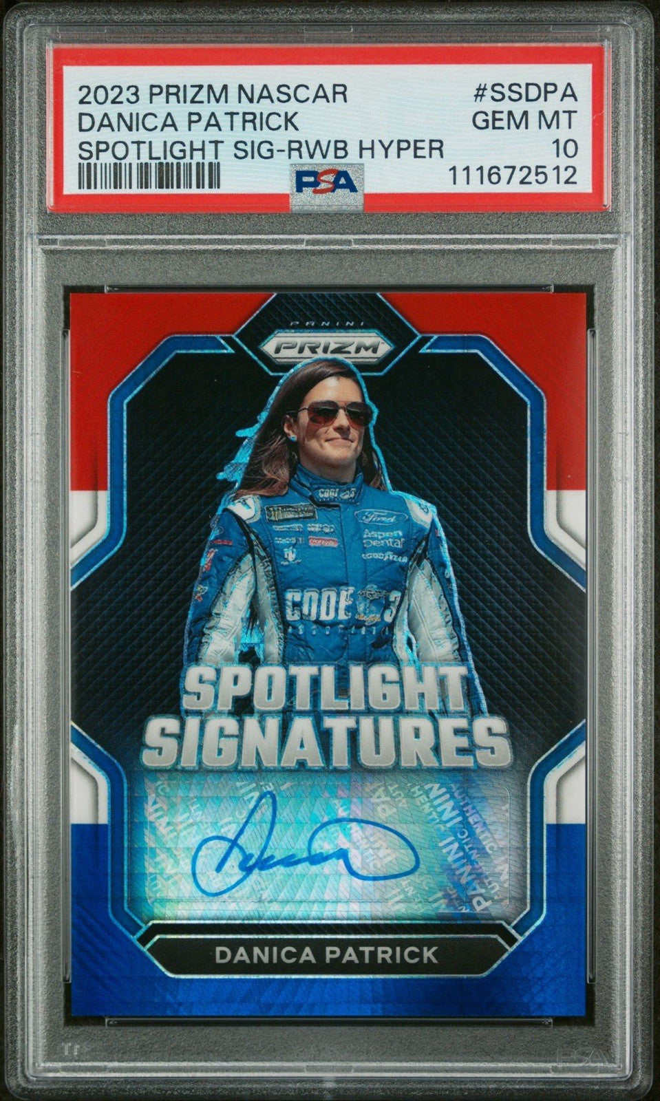 Danica Patrick 2023 Panini Prizm Nascar Spotlight Auto RWB Hyper /36 PSA 10