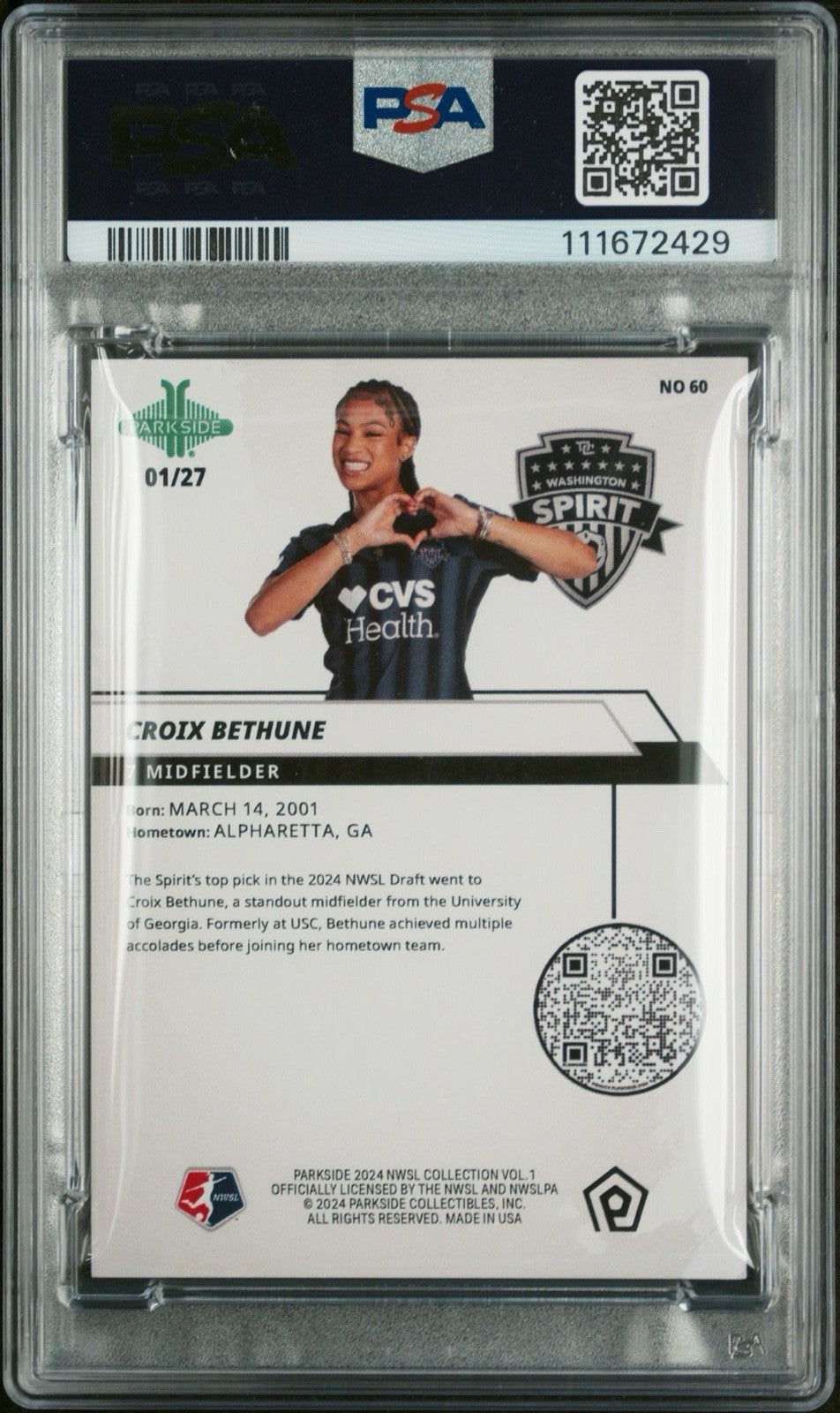 2024 Parkside NWSL Vol 1 Game Ball 01/27 Croix Bethune #60 RC PSA 9 Mint
