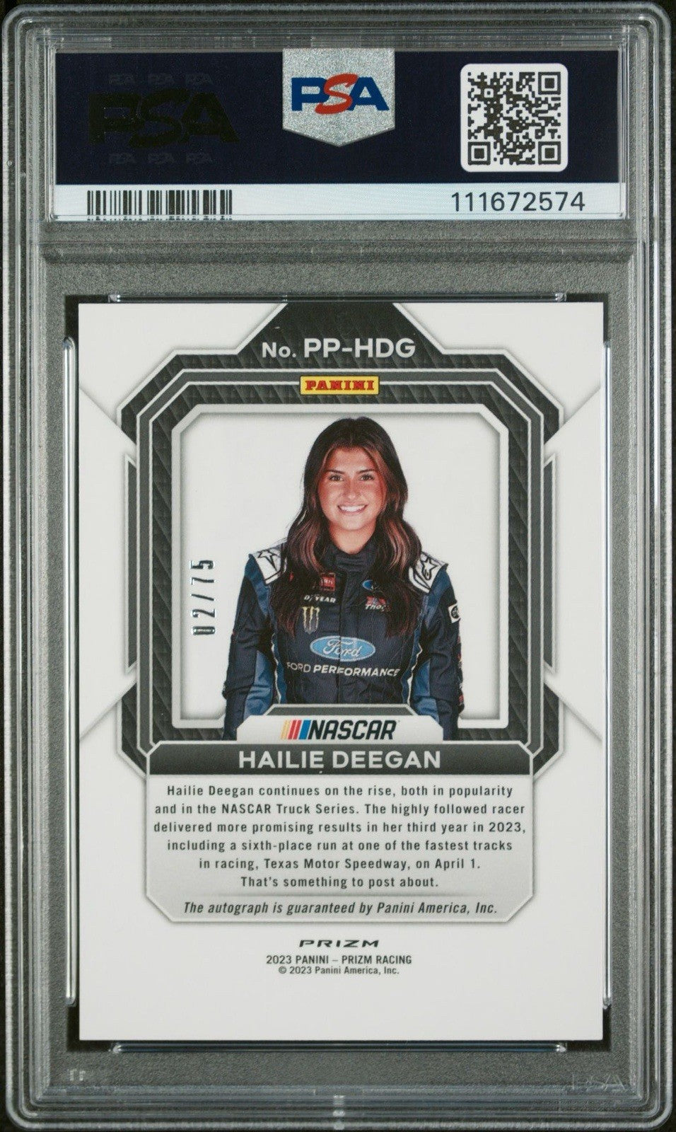 Hailie Deegan 2023 Panini Prizm Patented Penmanship Carolina Blue /75 PSA 10