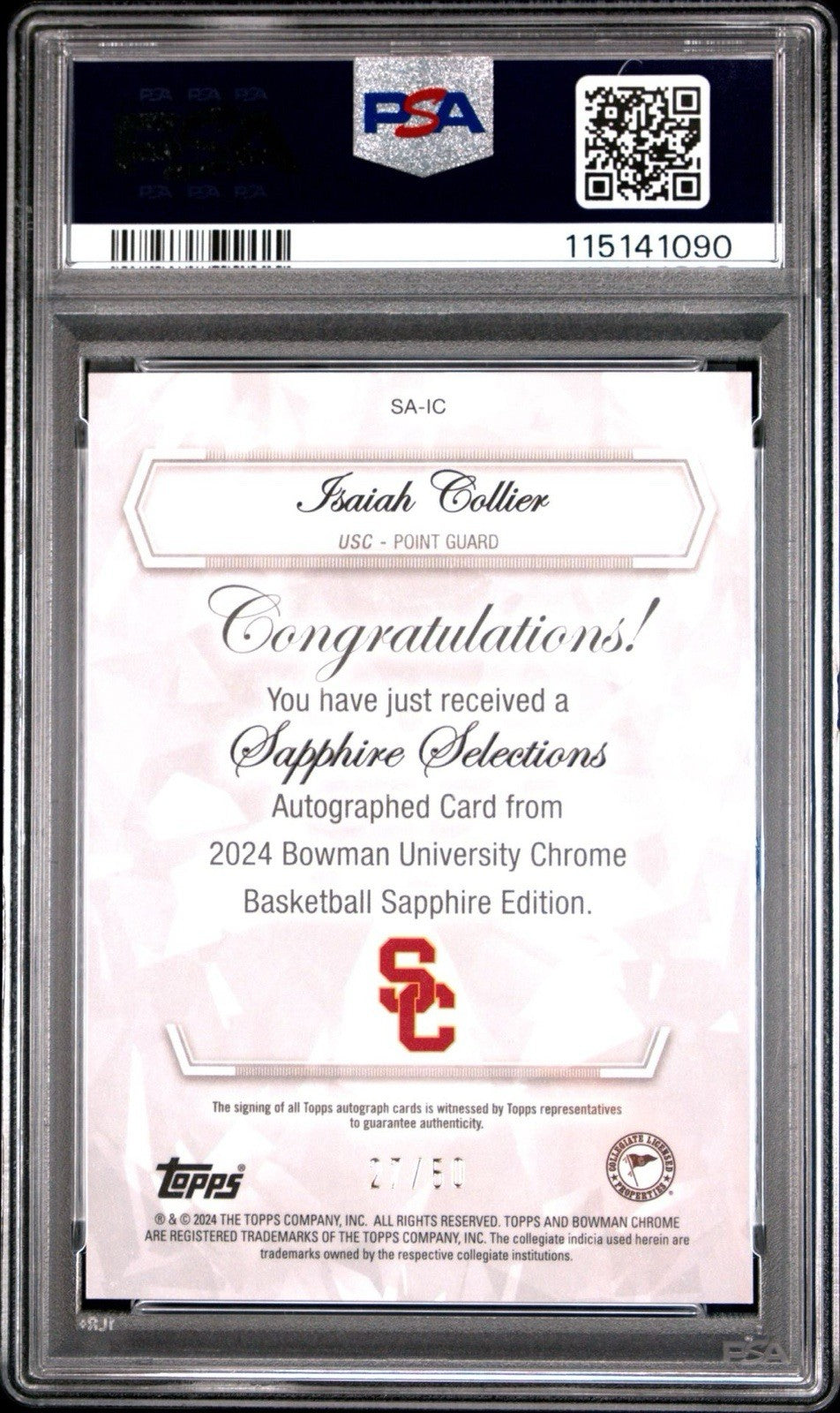 Isaiah Collier 2023 Bowman U Sapphire Selections Auto PSA 10 Gem Mint