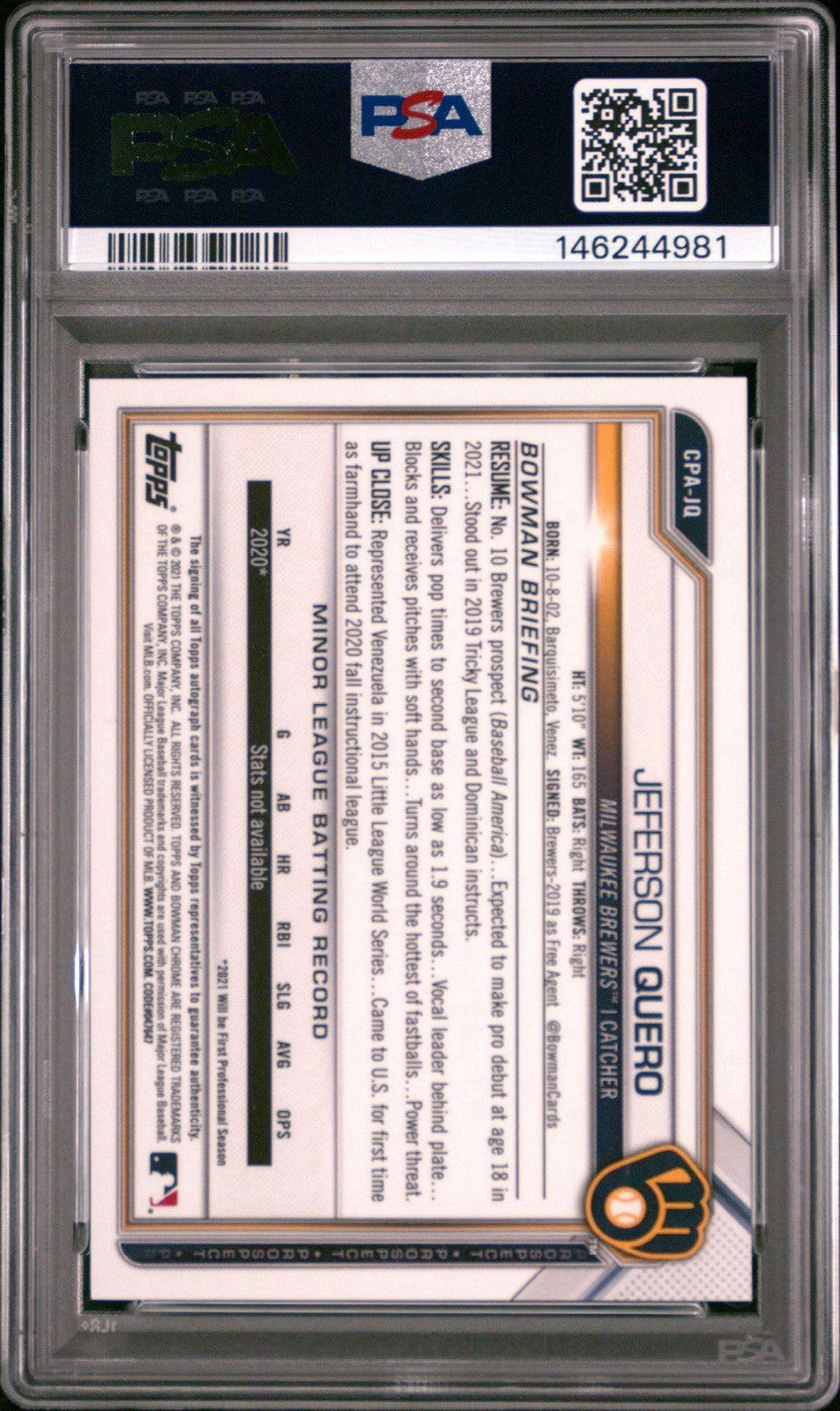 2021 Bowman Chrome 1st Auto Jeferson Quero #CPA-JQ Milwaukee Brewers PSA 10 Gem