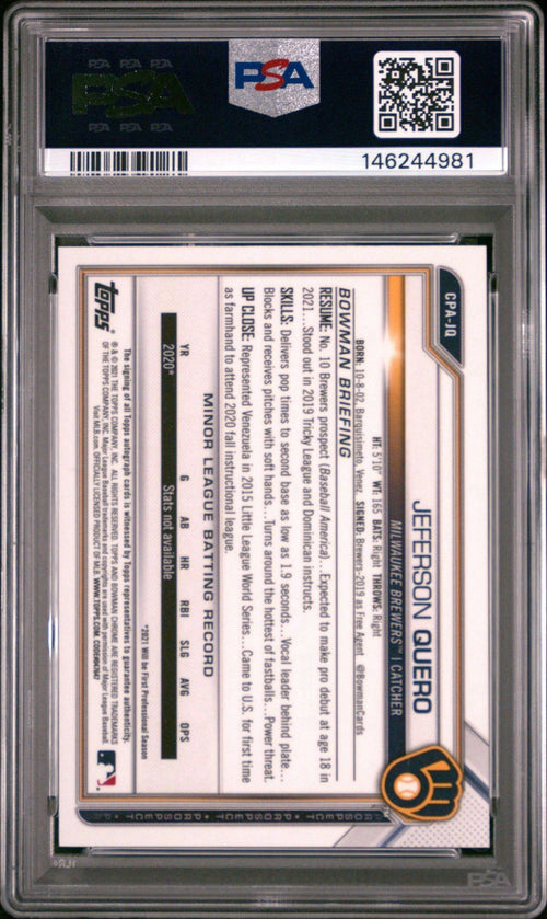 2021 Bowman Chrome 1st Auto Jeferson Quero #CPA-JQ Milwaukee Brewers PSA 10 Gem