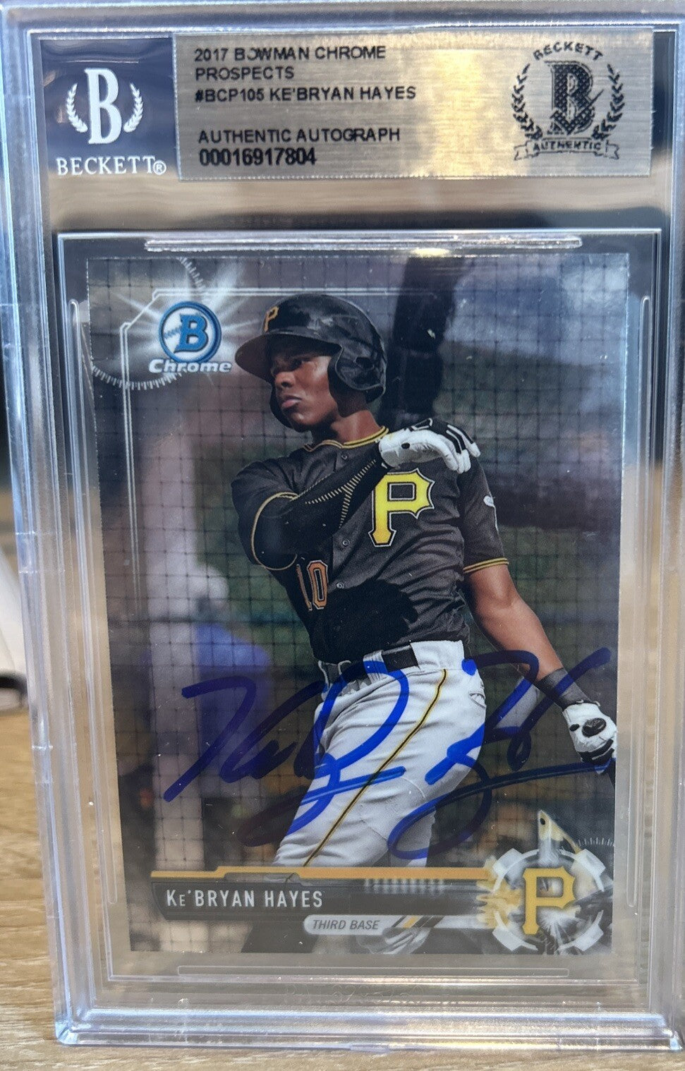 Signed Ke’Bryan Hayes 2017 Bowman Chrome #BCP105 Beckett BAS Slab Auto Pirates