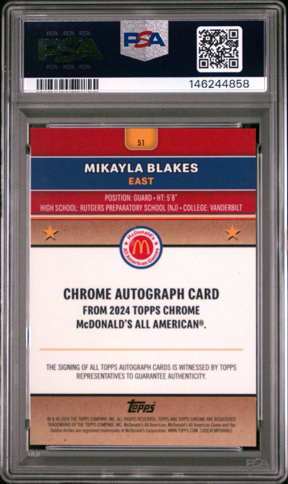 2024 Topps McDonald's Chrome Auto MIKAYLA BLAKES #51 - Gold Ref  /50 PSA 9 Mint