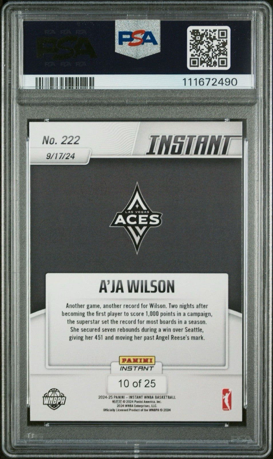 A'JA WILSON 2024 PANINI INSTANT Jungle Parallel #d /25 #222 PSA 9 Mint