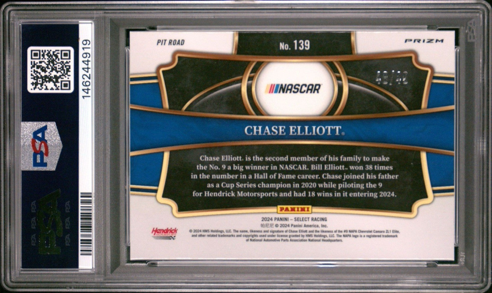 2024 Panini Select Pit Road Orange Prizm #d /49 Chase Elliott #139 PSA 10 Gem