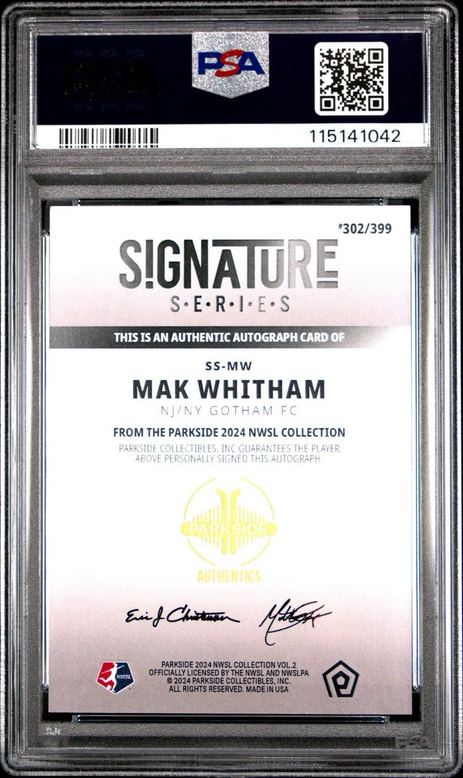 Mak Whitham 2024 Parkside NWSL Vol 2 Signature Series /399 Auto RC PSA 9