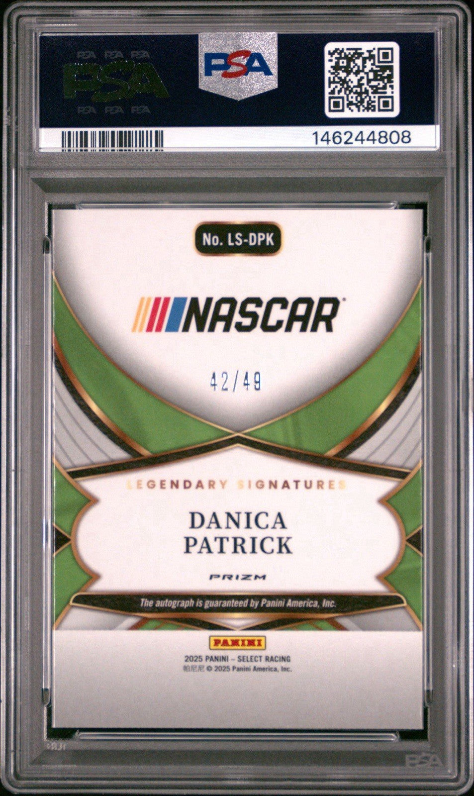 2025 Panini Select - Signatures Danica Patrick #LS-DPK Purple /49 PSA 10 Gem