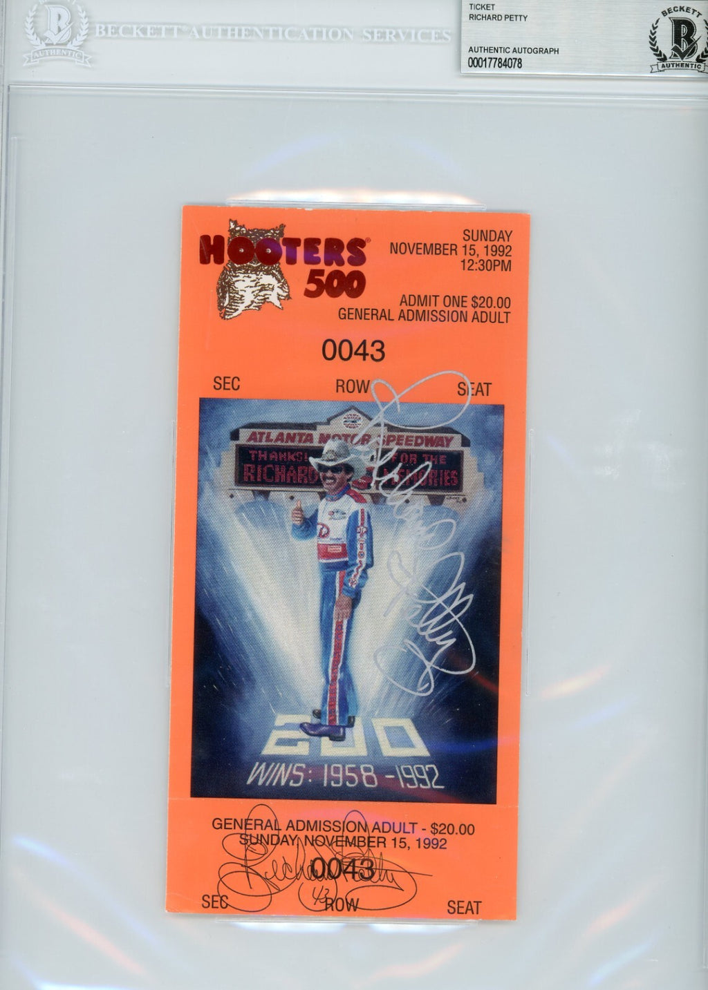 Signed Richard Petty Hooters 500 Reprint Ticket Last Race - Beckett BAS Slab